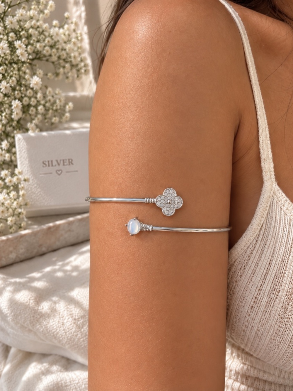 Silver Plated Clover Adjustable Cuff Bracelet